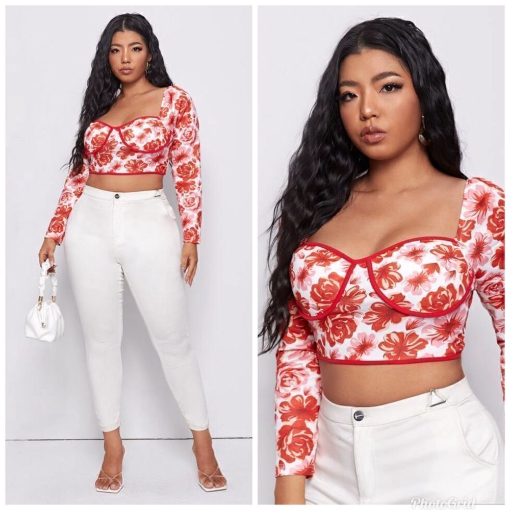 2/$20 Shein Bustier Style Floral Red and White Crop Top
